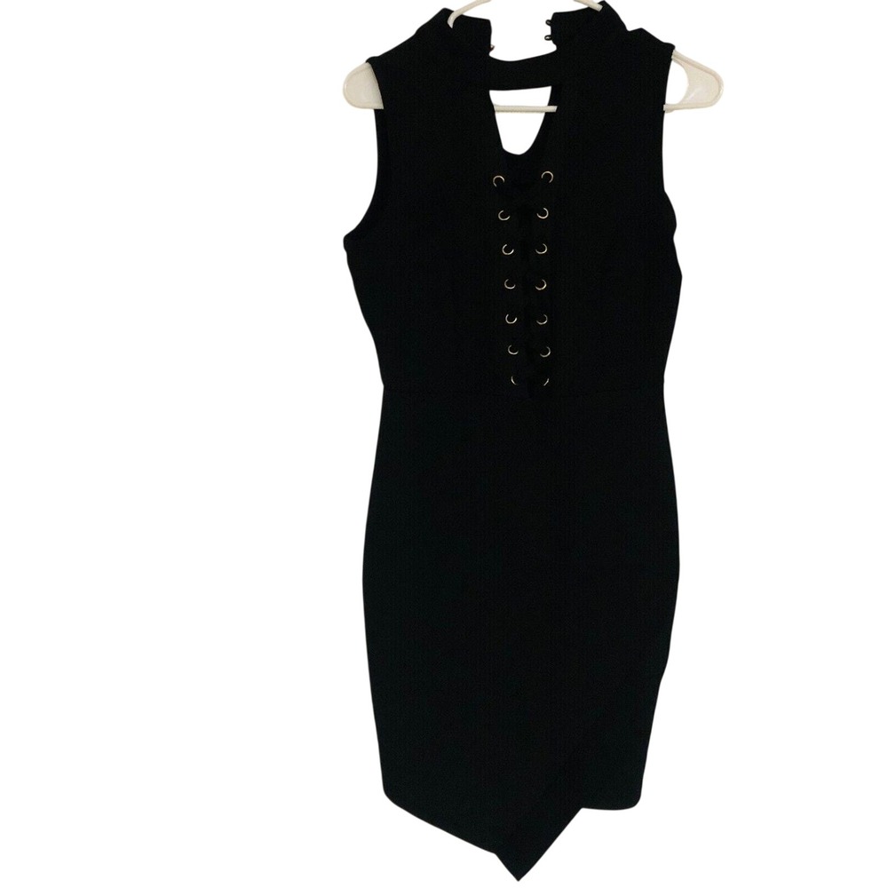 New Look Black Lace Up Grommet Mock Neck Asymmetrical Bodycon Mini‎ Dress Medium